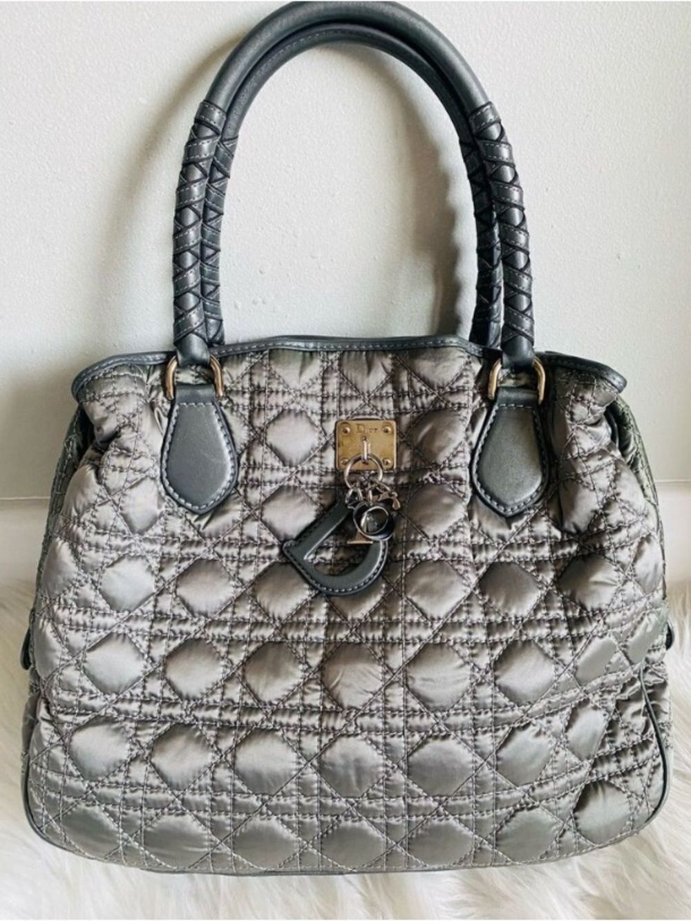 🛍️ Dior Lady Dior Quilted Large Satchel in Metallic Silver Vintage and Authentic